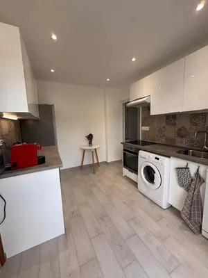 a kitchen with a washer and dryer in a kitchen at Appartement au cœur du village in Murato