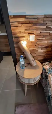 a statue of a dolphin sitting on a table with a bottle of water at Chez bigoudy in Penta-di-Casinca