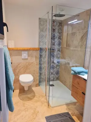 a bathroom with a shower and a toilet at Studio à Bonifacio in Bonifacio