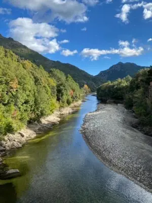 a view of a river with trees and mountains at Casa linsia in Aléria