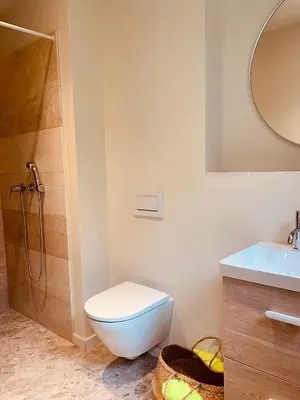 a bathroom with a shower and a toilet and a sink at Chambre Cosy dans villa de standing avec piscine in Porto-Vecchio