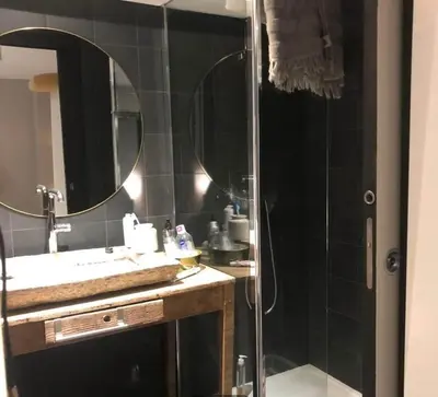 a bathroom with a shower and a sink and a mirror at Joli T1 à ne pas manquer in Borgo
