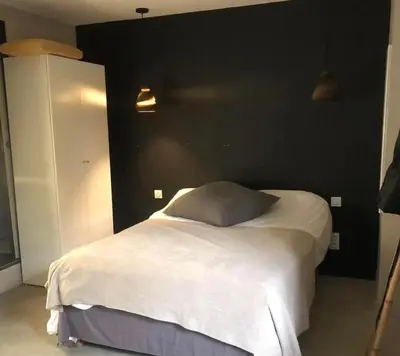 a bedroom with a white bed with a black wall at Joli T1 à ne pas manquer in Borgo