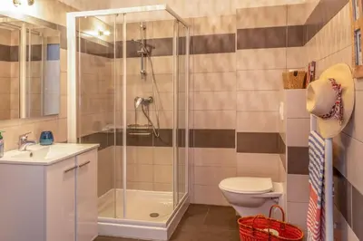 a bathroom with a shower and a toilet and a sink at Casa Verde in San-Nicolao