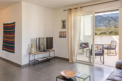 a living room with a flat screen tv and a couch at Casa Verde in San-Nicolao