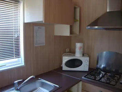 a small kitchen with a sink and a microwave at Camping Residence Chalet La Pomposa Terrazzoni in Bonifacio