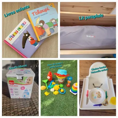 a collage of photos with toys and a book at Studio Port de Porto-Vecchio in Porto-Vecchio