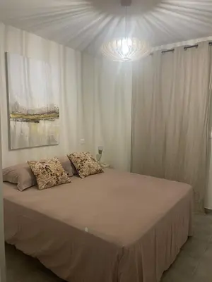 a bedroom with a large bed with a chandelier at Les oliviers in Aléria