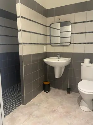 a bathroom with a sink and a toilet and a mirror at Les oliviers in Aléria