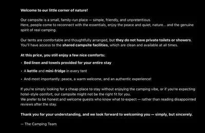 a page of a typed document on top of a black background at Camping Mercone in Corte