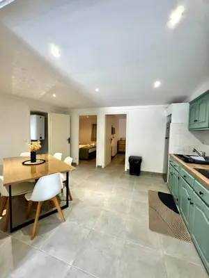 a kitchen with green cabinets and a table and a dining room at Maison avec jardin et proche mer in Propriano