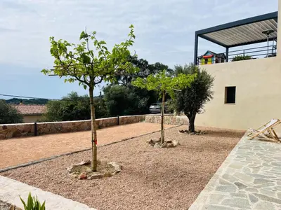 two trees in a courtyard next to a building at Villa ALTEA , au cœur du Maquis , 4 chambres , Figari in Figari