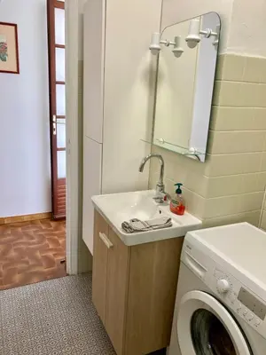 a bathroom with a sink and a washing machine at Villa de bord de plage in Pinarellu