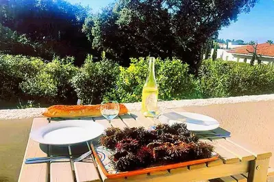a table with two plates and a bottle of wine at F2 tout confort, les pieds dans l'eau, PORTICCIO in Grosseto-Prugna