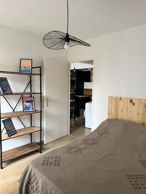 a bedroom with a bed and a ceiling fan at Appartement T3, 5 minutes à pied des plages in Ajaccio
