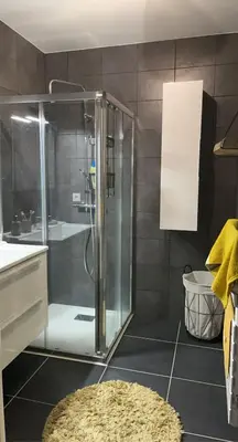 a bathroom with a shower and a rug at Appartement T3, 5 minutes à pied des plages in Ajaccio