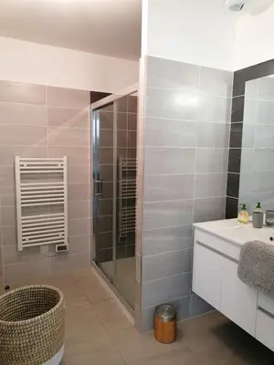a bathroom with a shower and a sink at Porticcio grand appartement 3 pièces, 5 minutes de la plage in Porticcio