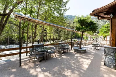 a patio with tables and chairs and trees at Hotel Arena le Refuge in Corte