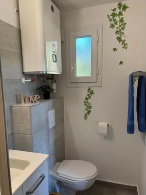 a bathroom with a toilet and a sink and a window at Alizo in Lecci