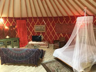 a room with a bed and a tv in a yurt at yourte de luxe contemporaine in Bonifacio
