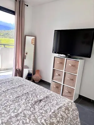 a bedroom with a bed and a flat screen tv at Charmant t2 avec terrasse in Corte