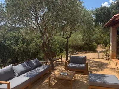 a patio with a couch and a table and trees at Maison Authentique Corse Vue Mer Panoramique et Nature Sauvage in Zonza