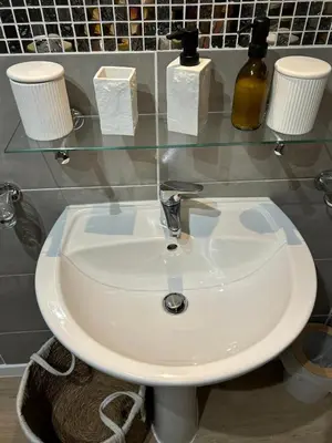 a bathroom sink with a glass shelf above it at Casa CARLU-MARIA IV in Corte