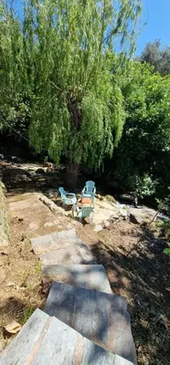 two blue benches sitting on the ground near a tree at villa terra et mare in Oletta