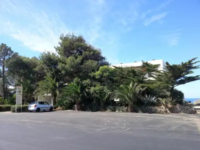a white car parked in a parking lot with trees at Merveilleux, sur la plage et accès direct à la mer in Olmeto