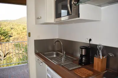 a kitchen with a sink and a microwave and a balcony at Merveilleux, sur la plage et accès direct à la mer in Olmeto