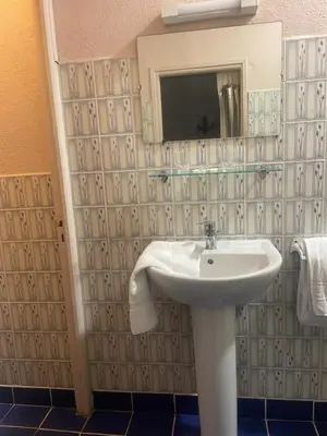 a bathroom with a sink and a mirror at Hotel Les Calanques in Piana