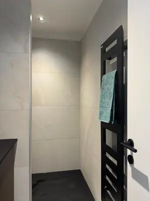 a bathroom with a shower and a black door at La petite maison Corse in Porto-Vecchio