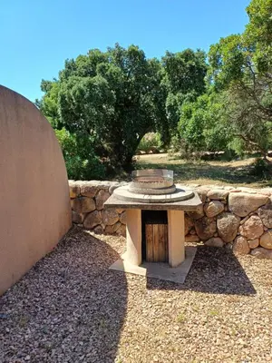 a park bench under a tree next to a stone wall at Porto Vecchio - Résidence RIVIERA - Villa St Cyprien in Lecci
