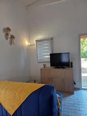 a bedroom with a bed and a television on a dresser at Porto Vecchio - Résidence RIVIERA - Villa St Cyprien in Lecci