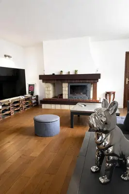 a living room with a fireplace and a statue of a donkey at Maison avec vue mer in Penta-di-Casinca