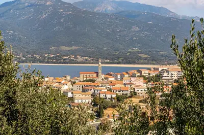 a city with a town and a body of water at monte barbatu in Propriano
