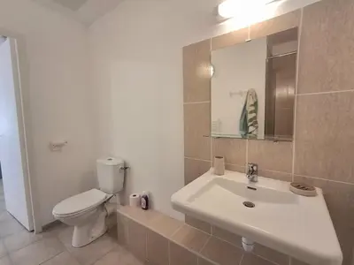 a white bathroom with a toilet and a sink at Villas MELODY - Appartement climatisé 4/6 pers in Santa-Maria-Poggio