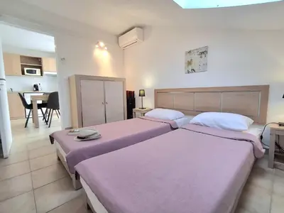 a hotel room with two beds and a kitchen at Villas MELODY - Appartement climatisé 4/6 pers in Santa-Maria-Poggio