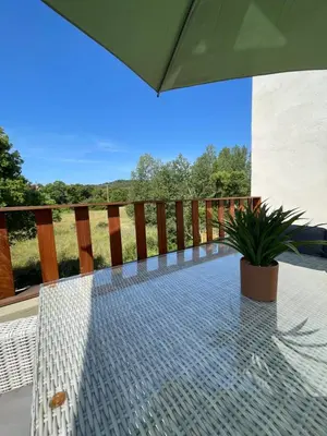 a glass table on a balcony with a plant at Appartement Terrasse in Porto-Vecchio