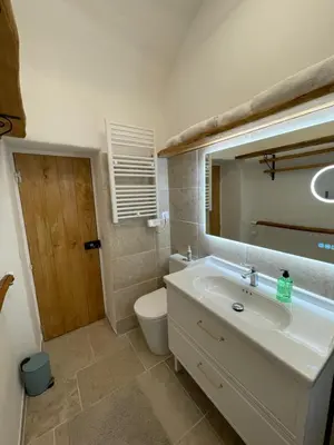 a bathroom with a sink and a toilet and a mirror at Casa Rosa in Gavignano