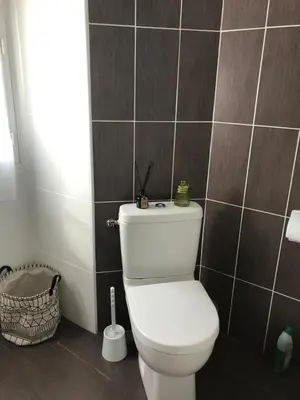 a bathroom with a toilet and a tiled wall at Entre montagne et mer in Bastelica