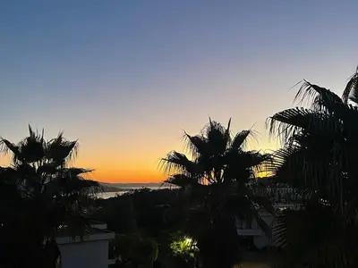 a sunset with palm trees in front of a building at Le Deck Porticcio in Grosseto-Prugna