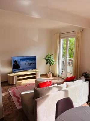 a living room with a couch and a flat screen tv at Appartement au cœur de Cargèse in Cargèse