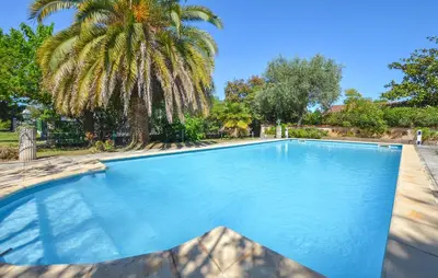 a large blue swimming pool with a palm tree at Villa Plage À Pieds in Moriani Plage