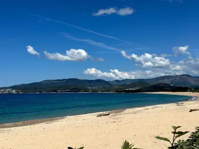 a beach with blue water and mountains in the background at Les Oiseaux de Porticcio in Grosseto-Prugna