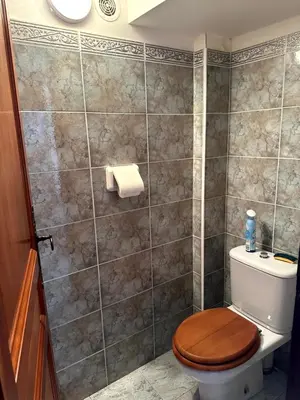 a bathroom with a toilet with a wooden toilet seat at Les Oiseaux de Porticcio in Grosseto-Prugna