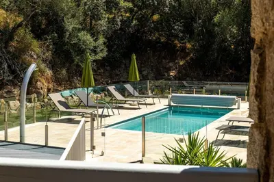 a swimming pool with lounge chairs and umbrellas at Cozy Apartment with Pool in Olmeto
