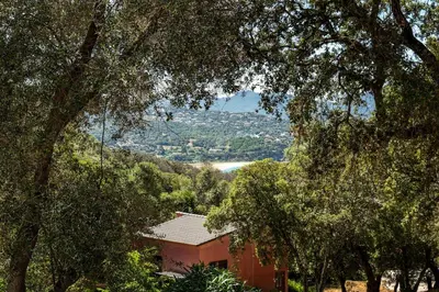 a red house in the middle of a forest at Cozy Apartment with Pool in Olmeto