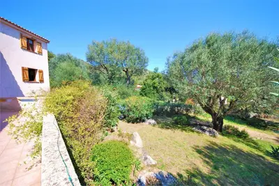 a view of a garden with trees and a fence at Maison Famiglia Sérénité et nature in Porto-Vecchio