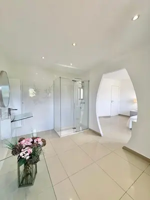 a bathroom with a shower and a vase of flowers at Villa avec piscine à Lecci in Lecci